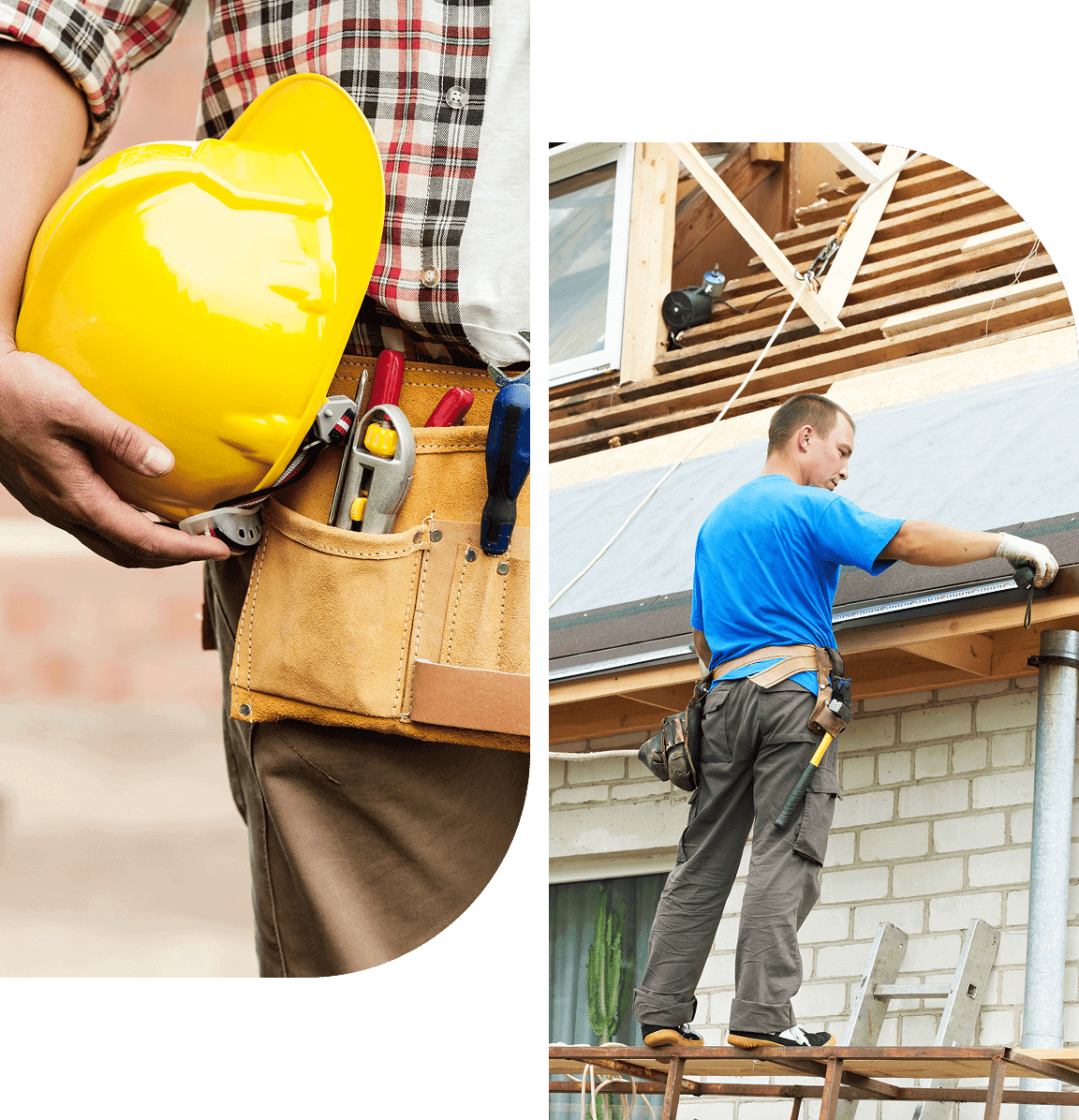 Two images showing construction workers with tools and materials. Roofing Contractors