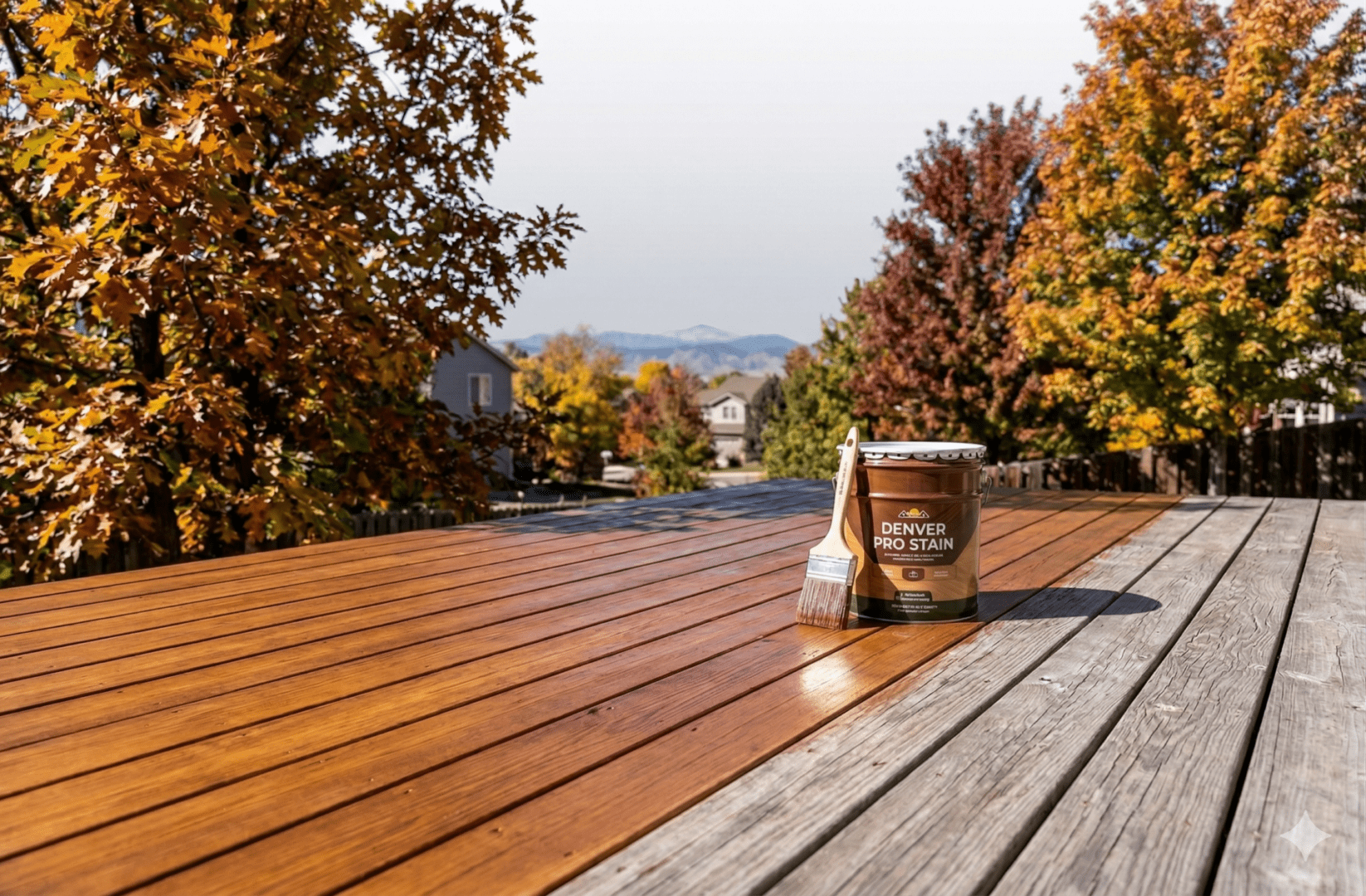 Autumn deck with stain and brush.