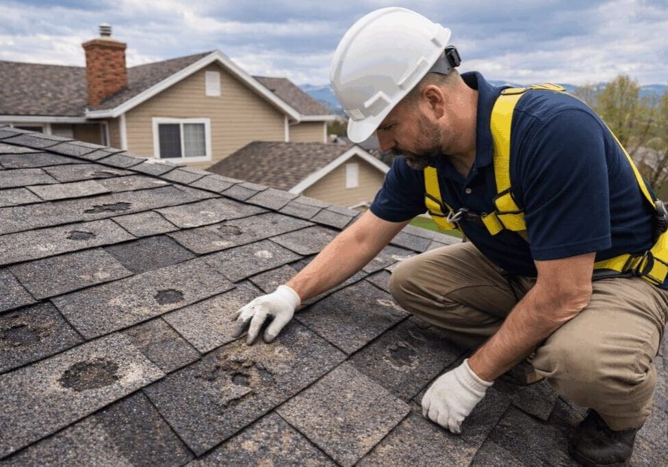 Inspector examining roof shingle damage for hail.
